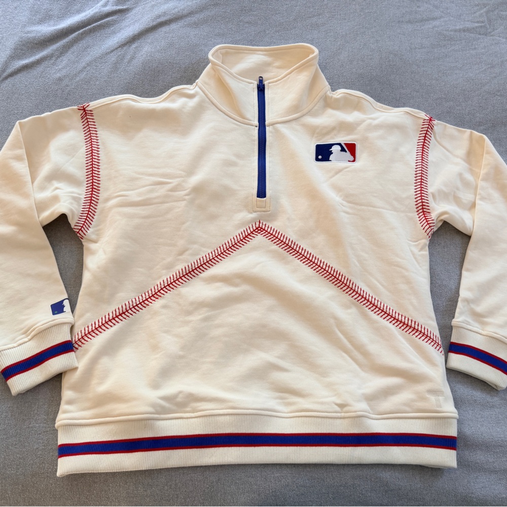 MLB Cream Half-Zip Pullover with Red Baseball Stitching